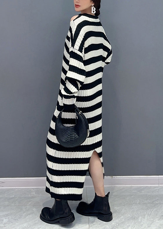 Black Striped Side Open Patchwork Knit Cardigan Fall