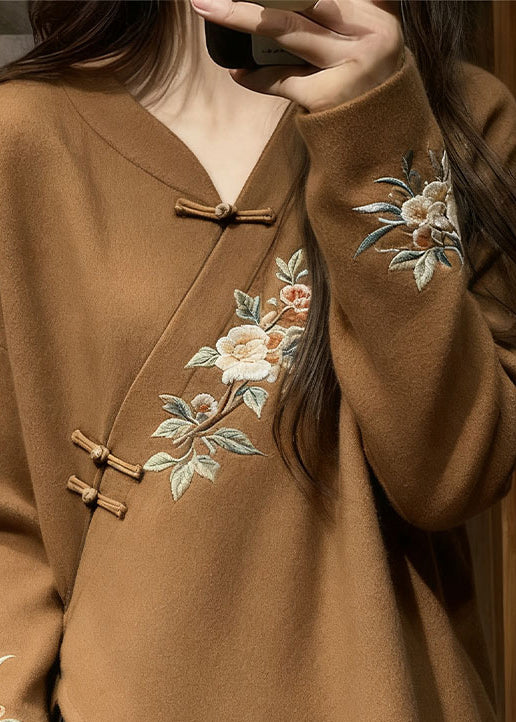 Chinese Style Brown V Neck Knit Sweater Fall