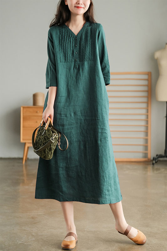 -summer V-neck Linen Dress Half Sleeve Dress