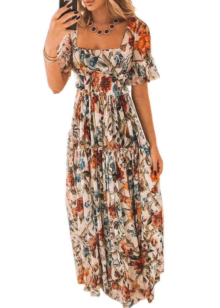 Apricot Square Neck Print Ruffle Waist Dress Summer