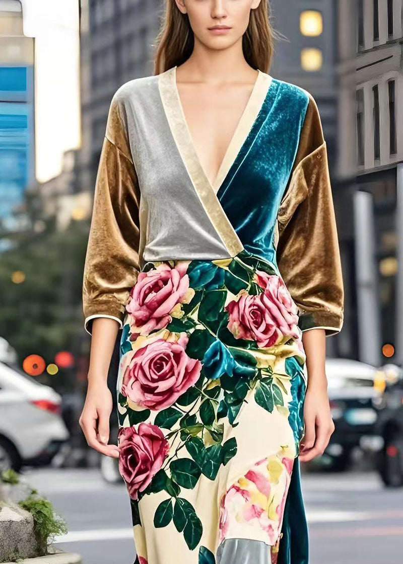Colorblock V Neck Silk Velvet Dresses Bracelet Sleeve