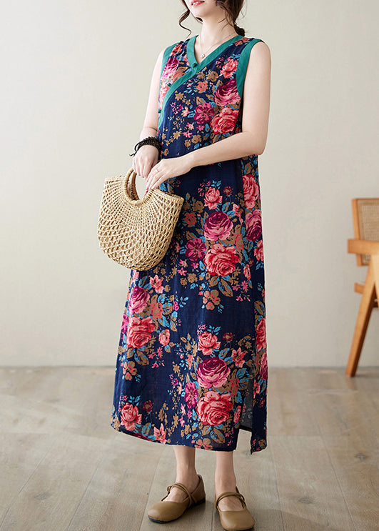 Style Navy Print Side Open Linen Dresses Sleeveless