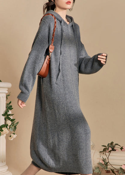 New Grey Hooded Hollow Out Knit Long Dress Winter