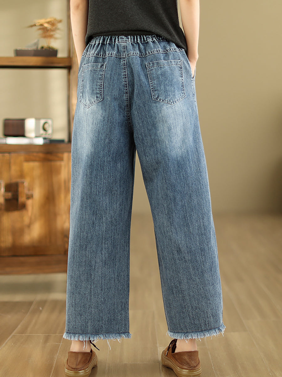 Summer Retro Embroidery Frayed Straight Denim Pants