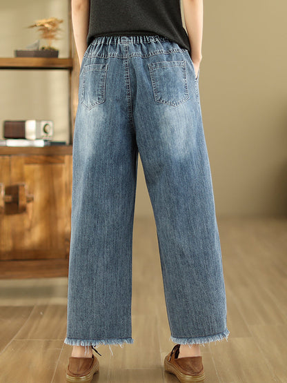 Summer Retro Embroidery Frayed Straight Denim Pants