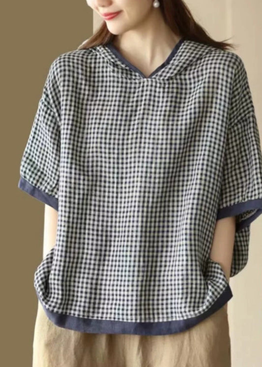 Art Dark Blue O-neck Plaid Hooded T Shirt Summer