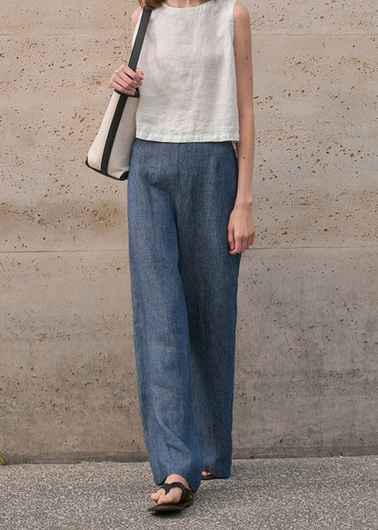 Blue Zippered Versatile Linen Wide Leg Pants Summer