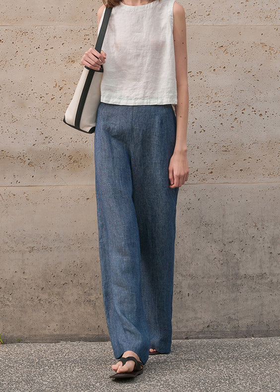 Blue Zippered Versatile Linen Wide Leg Pants Summer