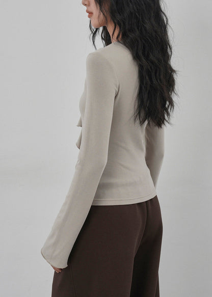 New Apricot Ruffled Asymmetrical Design Cotton T Shirts Spring