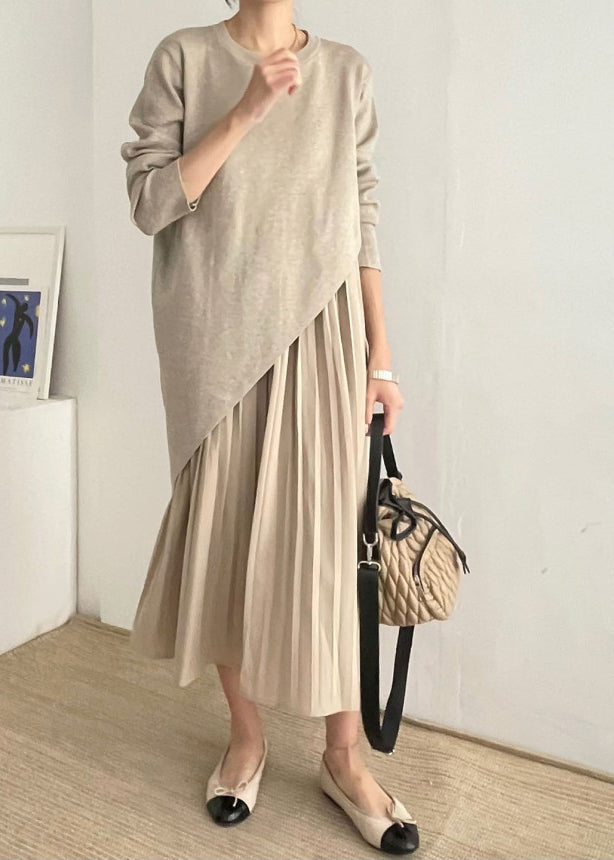 Khaki Asymmetrical Wrinkled Knit Dress Two Piece Set Spring