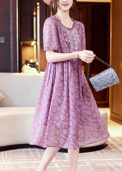 Purple Print Ruffled Patchwork Chiffon Long Dresses Summer