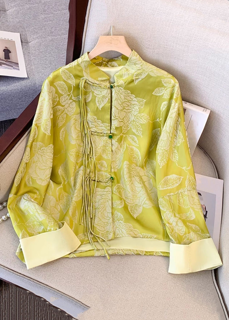 Yellow Tasseled Button Print Silk Coat Fall