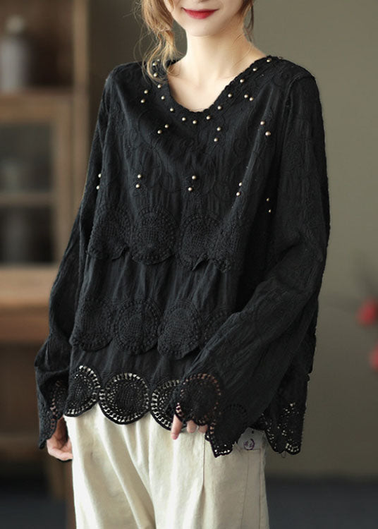 Classy Black V Neck Nail Bead Fall Tops Long Sleeve
