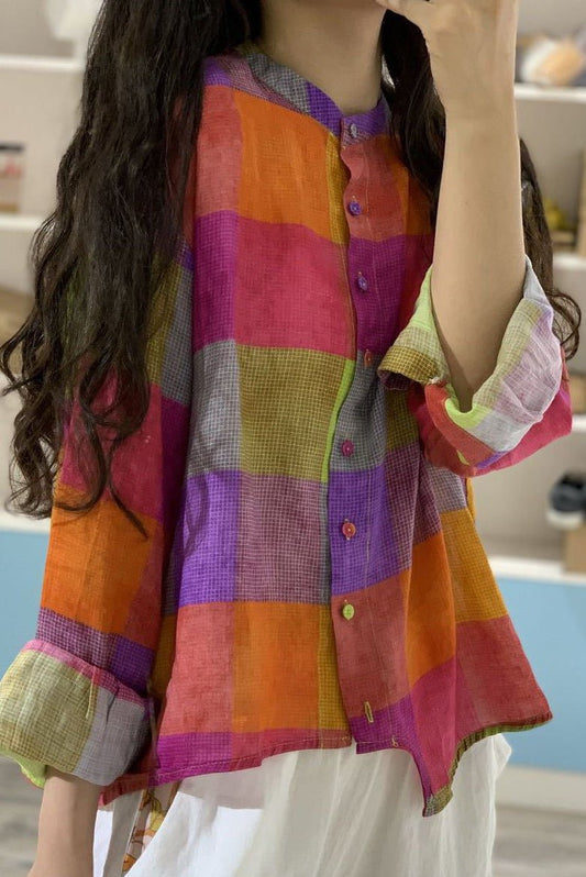 Limited Stock- Irregular Plaid 100% Ramie Button Blouse