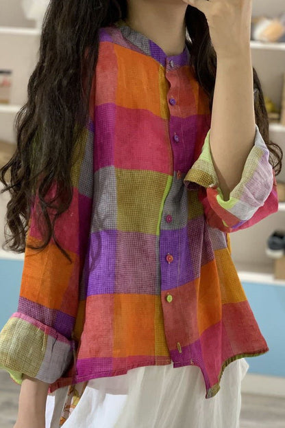 Limited Stock- Irregular Plaid 100% Ramie Button Blouse
