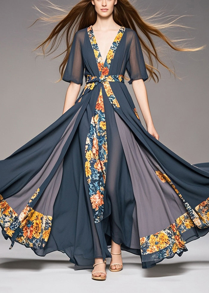 Charcoal Grey Cinched Patchwork Exra Large Hem Chiffon Dresses Summer