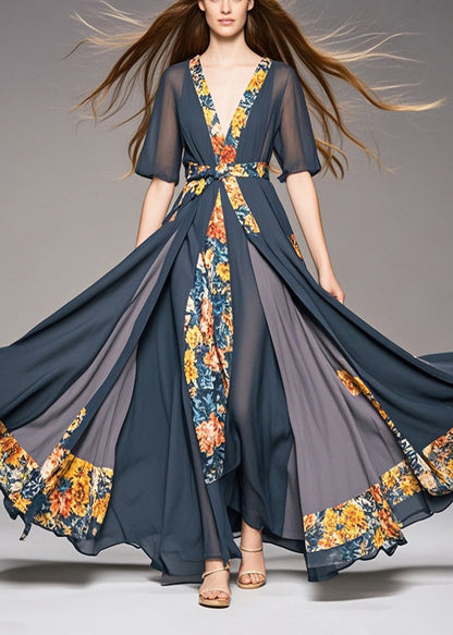 Charcoal Grey Cinched Patchwork Exra Large Hem Chiffon Dresses Summer