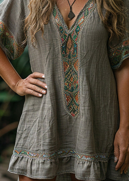 Loose Grey V Neck Print Cotton Mid Dresses Summer