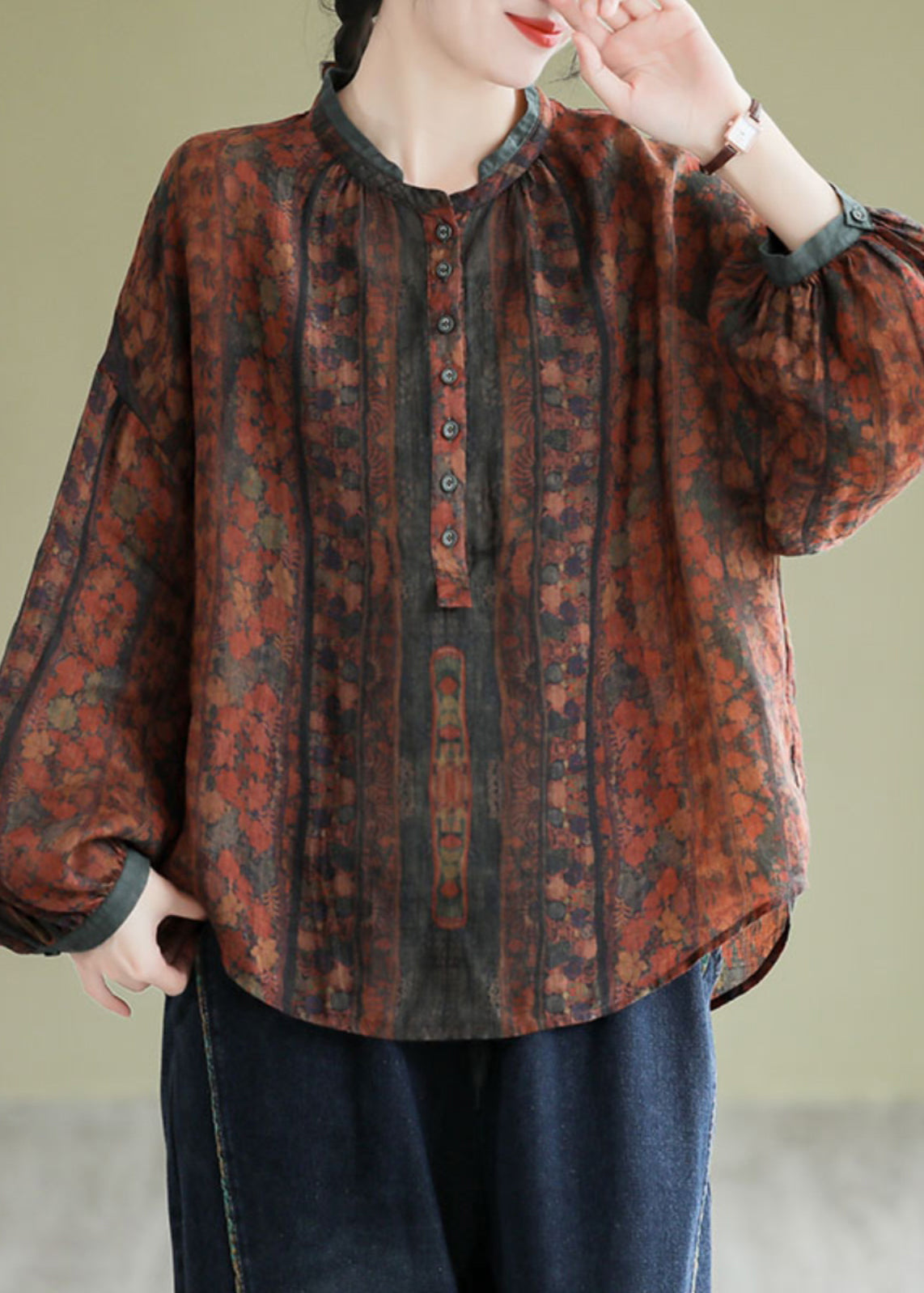 Orange Stand Collar Print Button Linen Shirts Long Sleeve