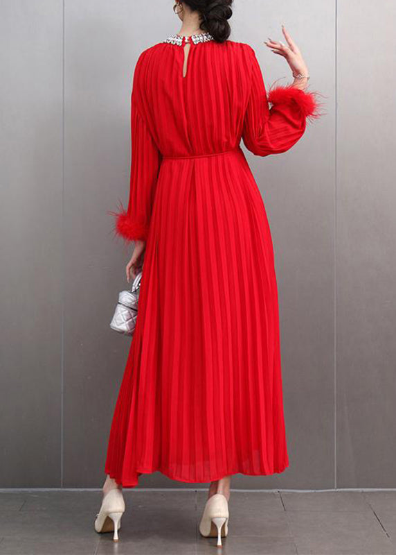 Italian Red O-neck Wrinkled Patchwork Zircon Maxi Dresses Spring
