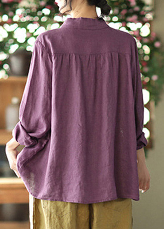 Purple Stand Collar Bow Button Linen Shirt Long Sleeve