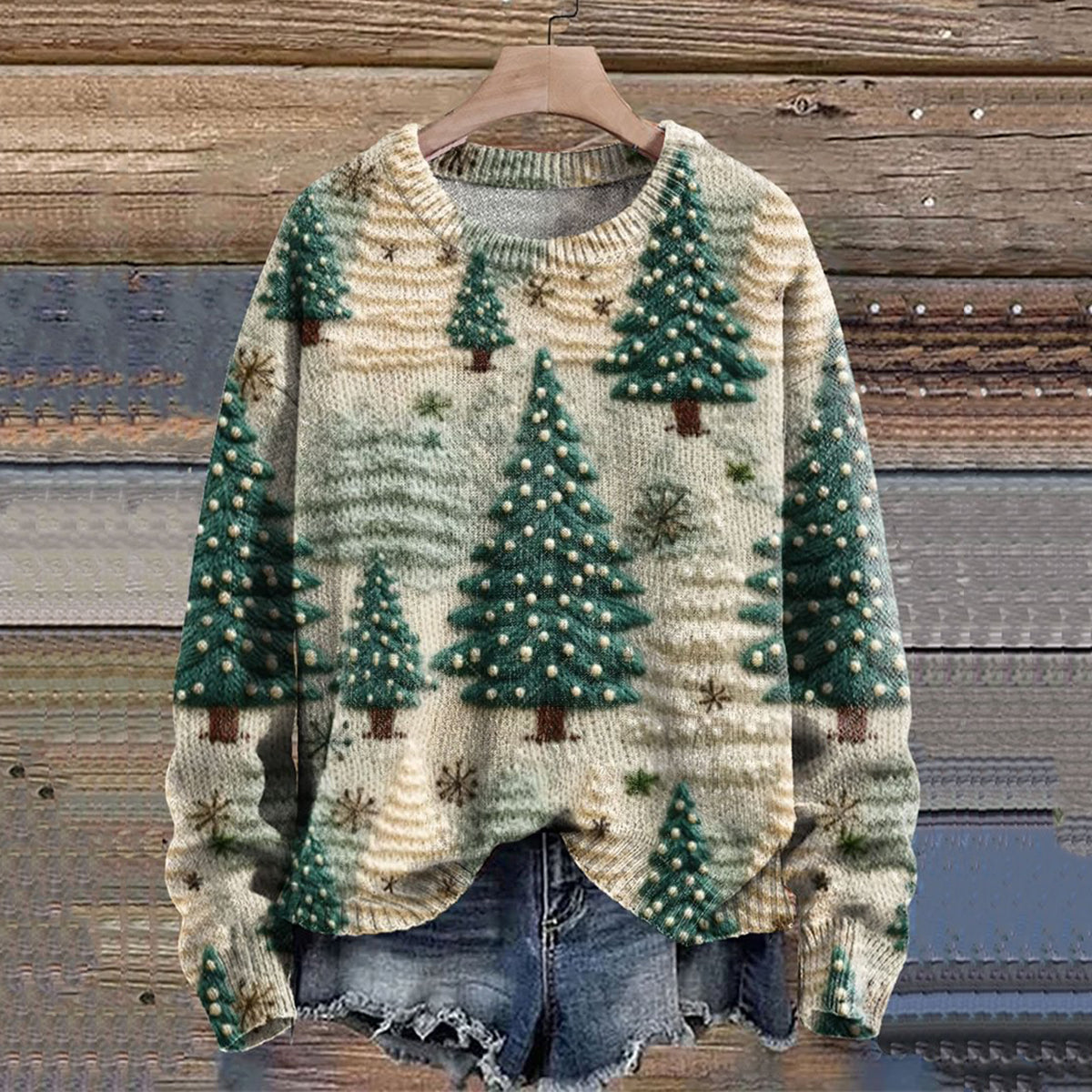 Comstylish Christmas Tree Print Knit Cozy Sweater