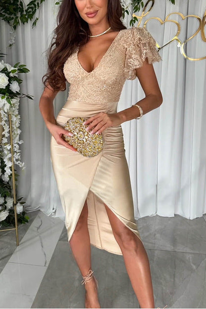 Dreamy Lace and Satin Patchwork Ruffle Sleeve Ruched Midi Dress