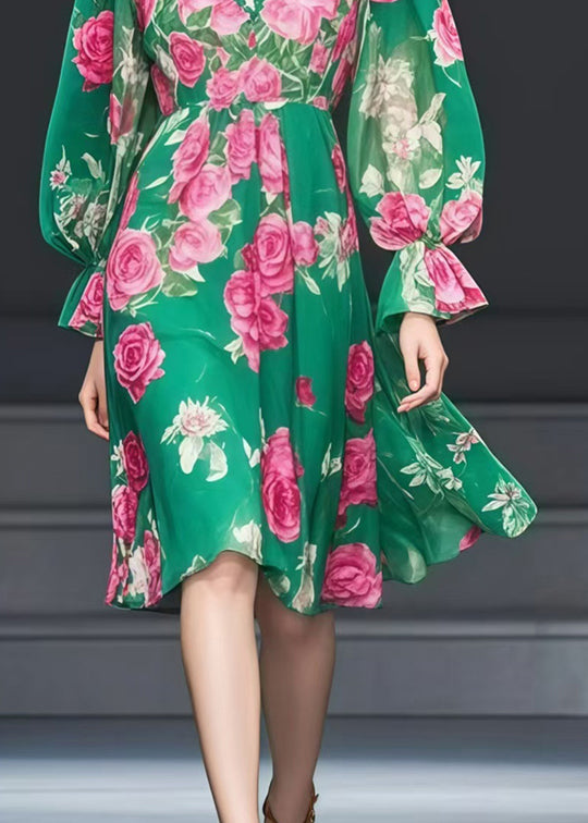 Green V Neck Print Chiffon Tea Dress Fall