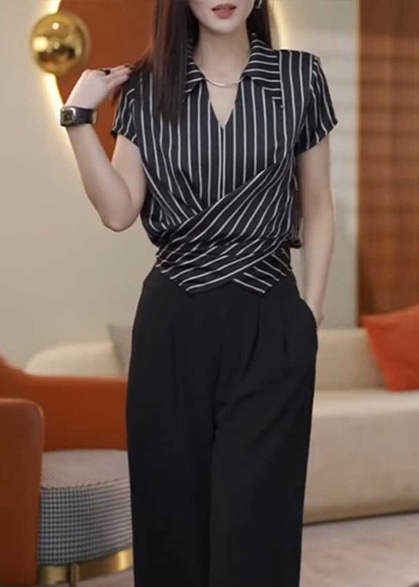 New Black Stripe Peter Pan Collar Chiffon Top Summer