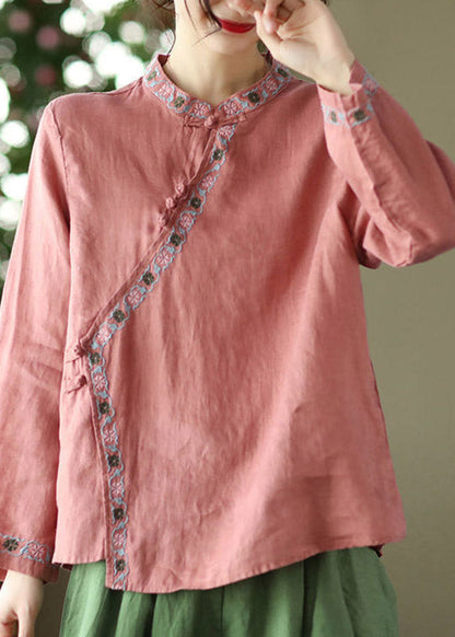 Watermelon Red Embroidered Linen Shirt Long Sleeve