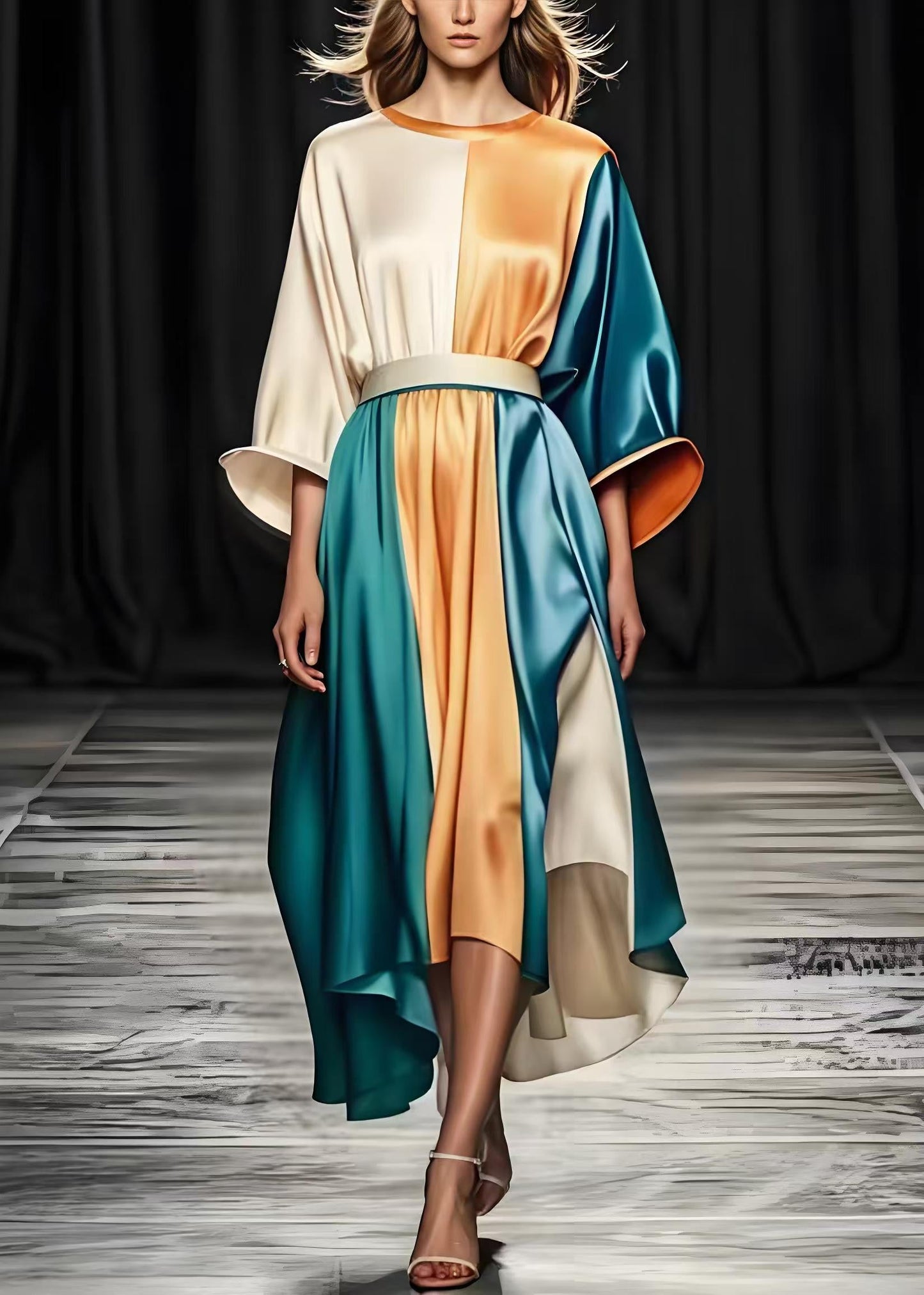 Colorblock Cinched Patchwork Silk Long Dresses Spring