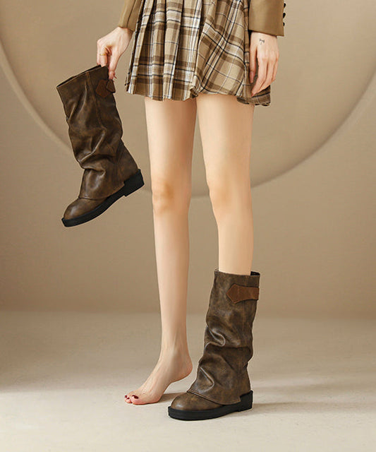 Brown Cowhide Leather Wrinkled Splicing Platform Boots