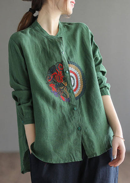 Green Embroidered Linen Shirt Top Long Sleeve