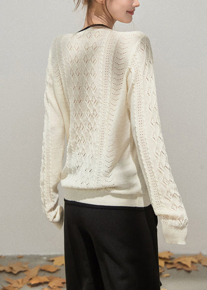 White Hollow Out Side Open Knit Tops Fall