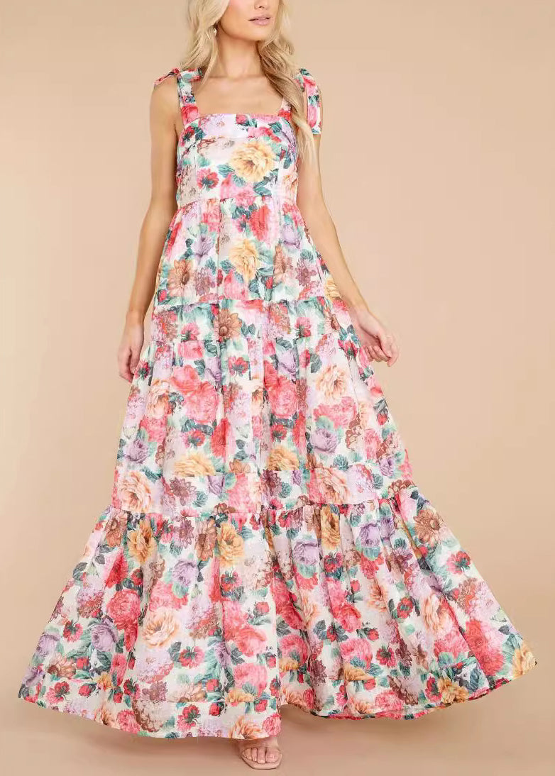 Pink Print Wrinkled Lace Up Patchwork Cotton Dress Summer