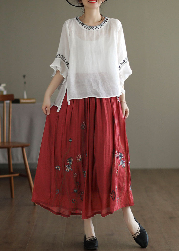 Red Linen Silk a Line Skirts Embroidered Exra Large Hem Spring