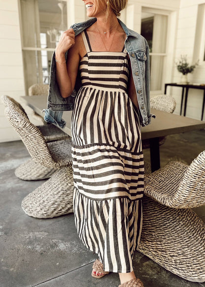 Grey Striped Wrinkled Cotton Spaghetti Strap Dresses Summer