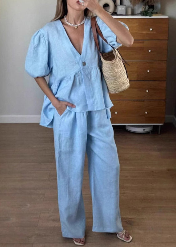 Brief Apricot V Neck Patchwork Shirts and Wide Leg Pants Two Pieces Set Summer