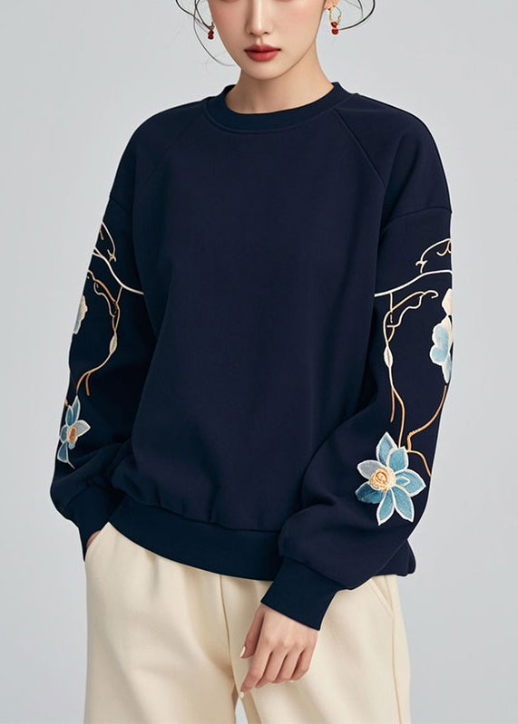 Navy O Neck Print Warm Fleece Sweatshirts Winter