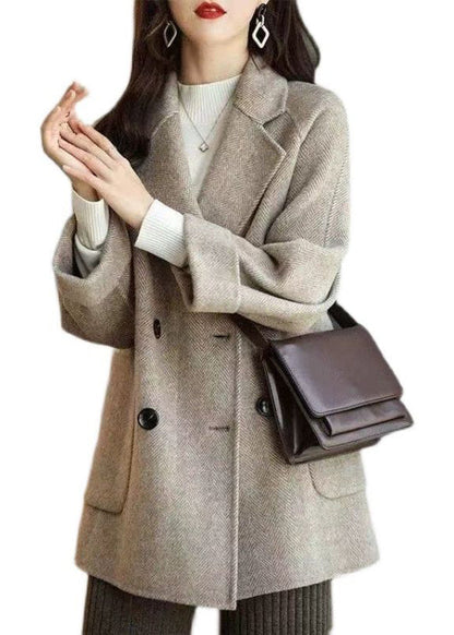 Loose Grey Notched Pockets Double Breast Woolen Coat Winter