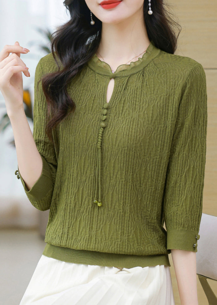Simple Green O-neck Button Knit T Shirt Bracelet Sleeve