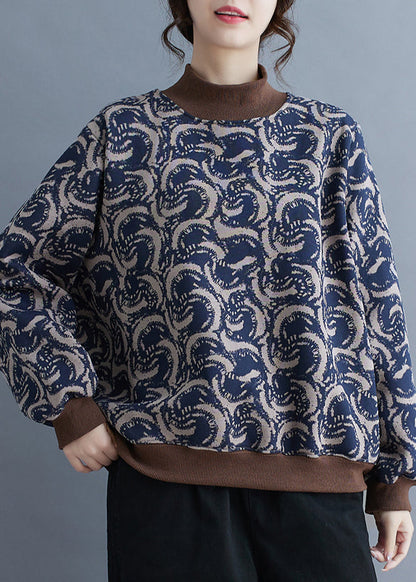 Navy Print Patchwork Warm Fleece Sweatshirt Top Spring