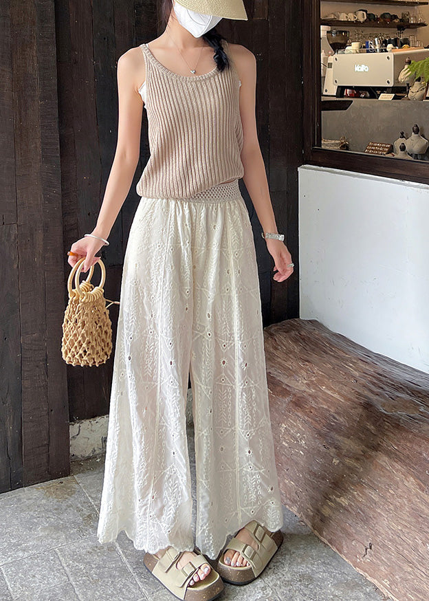 White Embroidered Hollow Out Cotton Pants Summer
