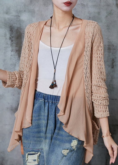 Khaki Hollow Out Patchwork Knit Cardigan Summer