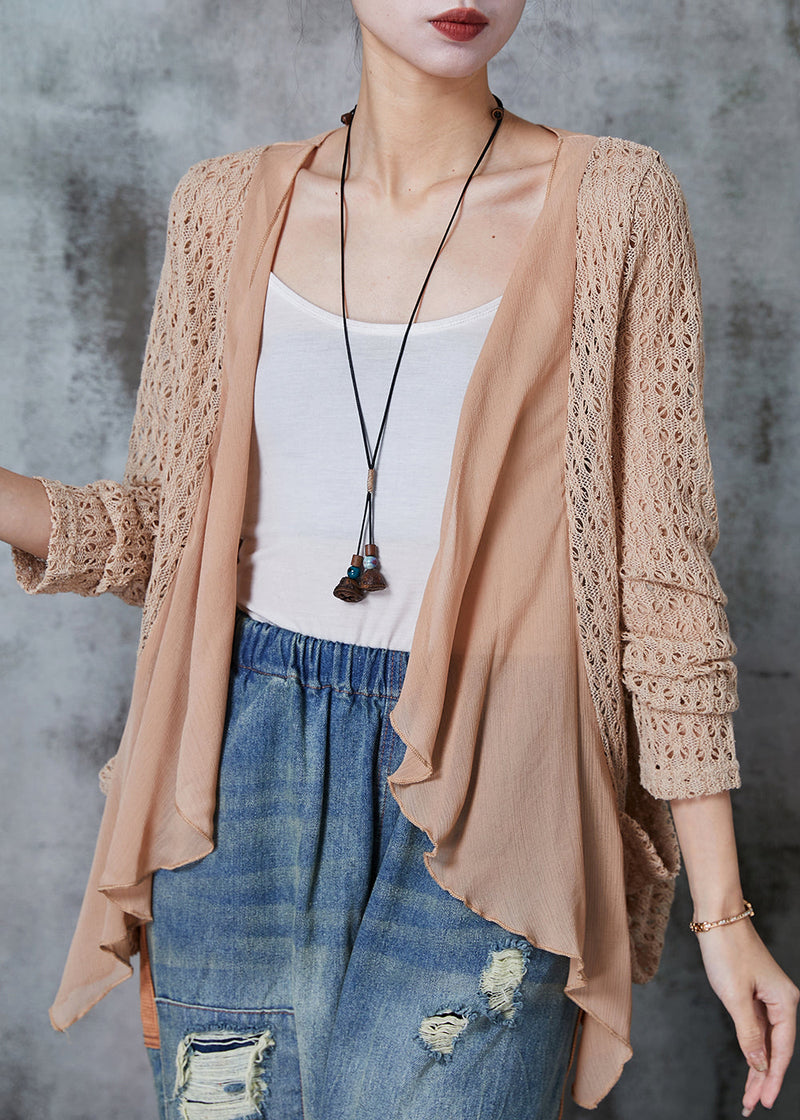 Khaki Hollow Out Patchwork Knit Cardigan Summer