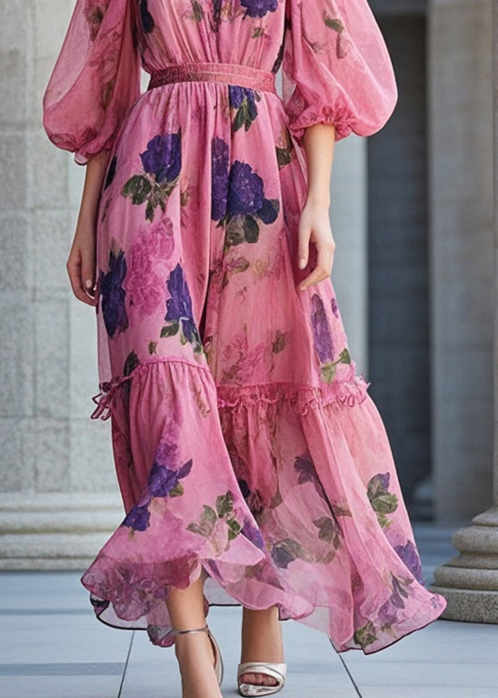Rose Cinched Print Chiffon Robe Dresses Summer