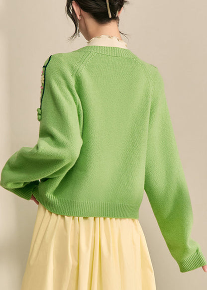 Green Embroidered Button Cotton Knit Cardigans Spring