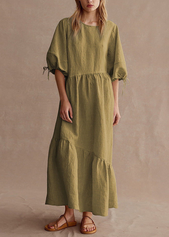 New Apricot O Neck Patchwork Linen Dress Lantern Sleeve