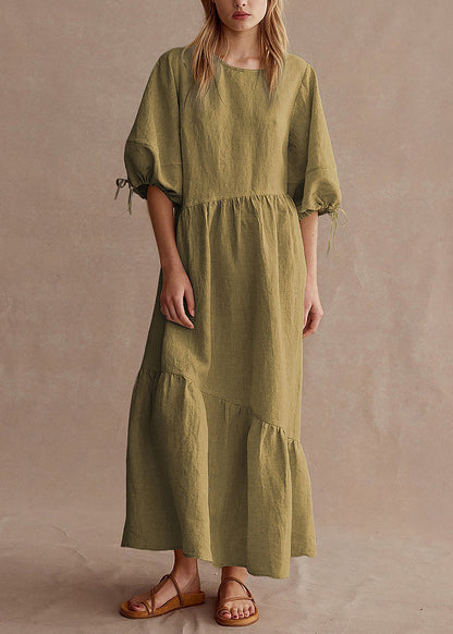 New Apricot O Neck Patchwork Linen Dress Lantern Sleeve
