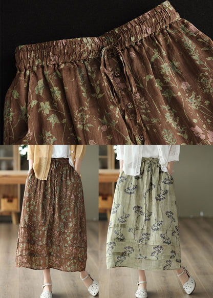 Light Green High Waist Patchwork Print Linen Skirt Summer